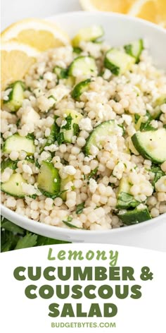 lemon cucumber and couscous salad in a white bowl with the title above it