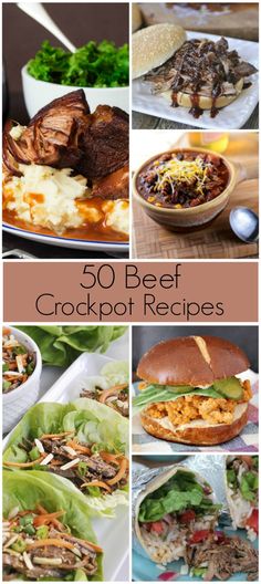 the cover of 30 beef crockpot recipes with pictures of different meats and vegetables