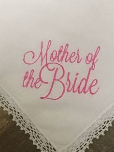 "Set of Mother of the bride and Mother of the Groom handkerchiefs, wedding handkerchief, bridal gift, bride hanky, personalized wedding hanky, gift for bride, bouquet. These crochet lace handkerchiefs are embroidered with a script font and personalized with your choice of thread color. If you don't see the color listed you want, just add it in the note to seller or contact me prior to ordering. A truly elegant gift for the Mother of the Bride, Mother of the Groom, a bridal shower or wedding. All Groom Handkerchief, Bride And Mother, Lace Handkerchief, Wedding Hankies, Twin Lakes, Bride Bouquet, Wedding Handkerchief, Bouquet Wrap, Gift For Bride