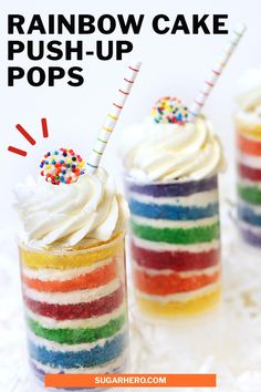 two rainbow cake pops with sprinkles on top and the text overlay reads, rainbow cake pops