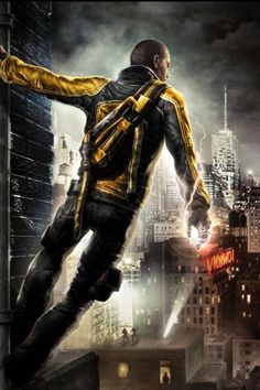 a man in yellow and black outfit standing on top of a building with his arms outstretched