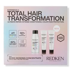 Acidic Bonding Concentrate Travel Kit for Damaged Hair - ABC MINIS KITBenefitsProvides ultimate strength repair, intense conditioning and color fade protectionConcentrated bonding care complex reinforces weakened bonds within your hair to improve hair strength and resiliencypH-balancing formula has an acidic pH to defend against the negative effects of hair coloring, styling tools, and even water, which has a pH of 7, to balance hair's pH back into a healthy range of 4.5-5.5For all hair types an Hair Products For Damaged Hair, Redken Acidic Bonding Concentrate, Redken Acidic Bonding, Acidic Bonding Concentrate, Products For Damaged Hair, Extreme Hair Growth, Tranexamic Acid, Alpha Hydroxy Acid, Travel Kit