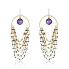 A beautiful combination of faceted purple amethyst with multiple strands of dark blue sapphire beads linked together with gold-filled wire. Size: 2.5” long 1.2” wide Handcrafted at Mabel’s San Francisco atelier. Luxury Gemstone Dangle Earrings, Luxury Purple Jewelry With Round Beads, Elegant Double Strand Faceted Beads Jewelry, Elegant Double Strand Jewelry With Faceted Beads, Fusion Style Faceted Round Jewelry, Elegant Briolette Jewelry With Faceted Beads, Elegant Purple Gemstone Chandelier Earrings, Double Strand Amethyst Gemstone Beads Jewelry, Fusion Dangle Jewelry With Gemstone Accents