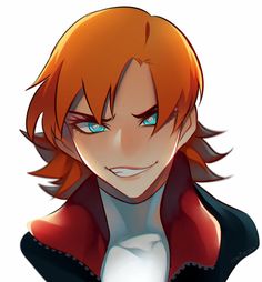 an anime character with red hair and blue eyes, wearing a black jacket and white shirt