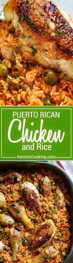 chicken and rice in a pan with the words puerto rican chicken and rice above it