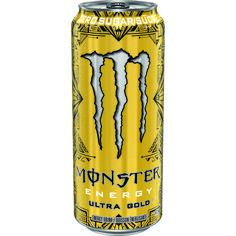 a can of monster energy drink with the word,'energy energy ultra gold '