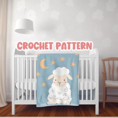 a baby crib with a sheep on it and the words crochet pattern above it