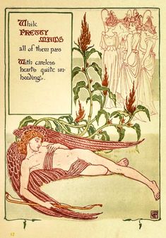 an old book with a drawing of a woman laying on the ground next to flowers