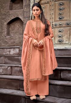 Peach cotton silk palazzo suit 1874  Desc:  Style : Pakistani Salwar Kameez Color : Peach Fabric : Cotton Silk Occasion : Festival   Diwali   Eid   Ceremonial   Durga Pooja   Ganesh Charturthi   Dussehra Wash Care : Dry clean Sleeve Style : Quarter Sleeve Long Sleeves : Done only in Custom Stitch Sleeves Lining : Done only in Custom Stitch Bust Size: 32 to 42 Inches. With Express Free Shipping and Custom Stitching, Buy Indian Wedding Party Wear Salwar Peach cotton silk palazzo suit 1874 online i Palazzo Suit, Kurti Embroidery Design, Silk Bottoms, Wedding Saree Indian, Designer Salwar Suits, Cotton Bottoms, Indian Ethnic Wear, Embroidered Silk, Salwar Suits