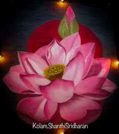 a painting of a pink flower with green leaves on it's center surrounded by lights