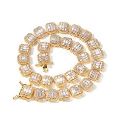 This 13mm Baguette Diamond Chain is a stunning and stylish piece of jewelry that features a bracelet made up of interlocking links with baguette-cut cubic zirconia stones set in a row pattern. The stones are cut in a rectangular shape with straight edges, creating a unique and eye-catching design. The bracelet is made of high-quality materials and crafted with precision to ensure durability and a luxurious look and feel. The baguette-cut cubic zirconia stones add a touch of glamour and sophistic Hiphop Jewelry, Baguette Necklace, Rapper Jewelry, Hip Hop Chains, Diamond Chain, Chains Necklaces, Chain Choker Necklace, Hip Hop Jewelry, Baguette Diamond