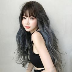 Wavy Wig With Bangs, Style Bob, Korean Hair Color, Fog Blue, Packing Bags, Blue Wig, Long Curly Wig, Gray Gradient, Grey Wig