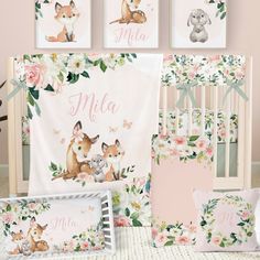 "Scoop up this fantastic nursery set for a baby shower gift, or just an easy way to finish out your own nursery! *2 Piece Set: Choose one Sheet + Small Blanket (30x40) *3 Piece Set: Choose one Sheet + Small Blanket (30x40) + Throw Pillow (16x16, with zipper and insert) *4 Piece Set: BOTH Sheets + Small Blanket (30x40) + Throw Pillow (16x16, with zipper and insert) *Wall Art Prints: You will receive all three art prints as shown, printed on Kodak Endura Lustre paper. Choose your size. *Please not Sage Green Crib, Green Crib, Floral Baby Bedding, Woodland Baby, Woodland Nursery, Floral Baby, Crib Bedding