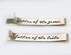 "CURRENT TURNAROUND TIME IS THREE (3) WEEKS ~Set of Two Tie Bars - Father of the Bride Gift- Father of The Groom Gift - Wedding Gift Set of 2 - Gold Tie Bars with Monogram - Tie Clip '*.'*.'*.¸What You Will Receive ¸.*''.*''.*'' ❤ Two (2) tie bars in your choice of metal measuring approximately 2.5\" once formed ❤ Items will be sent in clear cellophane bags. Boxes/gift packaging can be added at checkout for an additional fee. ❤ '*.'*.'*.¸What I Need To Complete Your Order ¸.*''.*''.*'' ❤ Back is Father Of The Groom Gift, Amber Wedding, Wedding Goodies, Father Of The Groom, Wedding Gifts For Parents, Wedding Gift Set, Gold Tie, Pink Bride