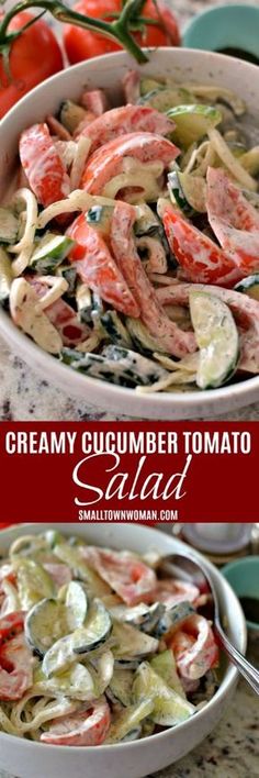 this creamy cucumber tomato salad is loaded with fresh tomatoes, zucchini and cheese