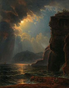 a painting of the sun shining through clouds over some cliffs and water with rocks in the foreground