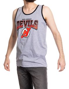 The Originals Collection Be prepared for anything this summer in this Devils Gradient Print Tank Top! This NHL Licensed tank top is perfect for any task you may have going on that day. Made from 100% cotton, this comfortable tank top comes with your favorite team's logo screen printed onto the shirt! Officially Licensed NHL Product comes with Authentic Hangtags Devils font features a gradient effect 100% Cotton Sporty Cotton Tank Top With Graphic Print, Casual Racerback Tank Top With Letter Print, Casual Cotton Racerback Tank Top, Cotton Tank Top For Gym, Sporty Cotton Crew Neck Vest, Casual Racerback Tank Top For Streetwear, Cotton Sleeveless Muscle Tee For Sports, Summer Gym Cotton Top, Summer Cotton Racerback Vest