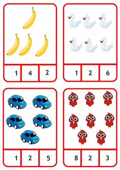 four different pictures showing the same number of objects in each picture, including bananas and cars