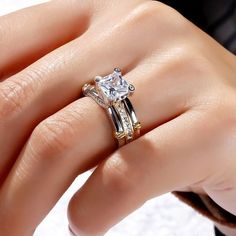 Two Tone Asscher Cut Sterling Silver Ring Set - Jeulia Jewelry Finger Tattoos Ring, Finger Tattoo Couple, Ring Finger Tattoo Couple, Tattoos Ring, Ring Finger Tattoos, Couple Wedding Rings, Real Gold Jewelry, Sterling Silver Rings Set, Fine Diamond Jewelry