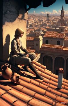 a man sitting on top of a roof next to a vase and potted plant