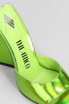 Cover: 60% Polyurethane, 40% Polyester Sole: 100% Leather Trendy Green Mules For Party, Green Leather Mules For Party, Chic Green Mules For Party, Green Spring Formal Mules, Chic Green Leather Mules, Trendy Green Leather Mules, Chic Metallic Mules For Spring, Metallic Leather Mules For Summer, Colmar Jacket