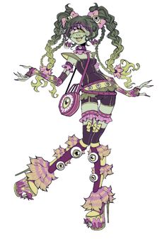 a drawing of a woman with green hair and purple boots, holding a skateboard