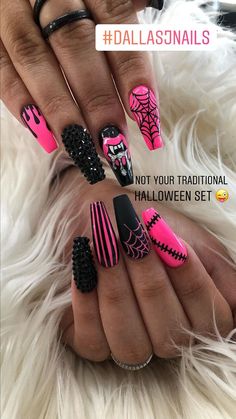 Halloween Nail Ideas Acrylic Coffin, Cool Nails Coffin, Tattoo Nail Art Ideas, Spooky Coffin Shaped Nails, 3d Halloween Nails Acrylic, 2023 Halloween Nail Ideas, Pink And Black Spider Web Nails, Jessica Rabbit Acrylic Nails, Coffin Halloween Nails Designs