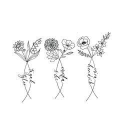 four flowers are drawn in black and white on a white background with the word love