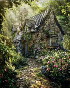 a painting of a stone cottage in the woods with flowers growing on it's roof