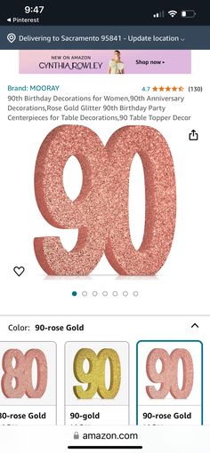 an email page with pink and gold glitter numbers on the front, and white text that reads 90