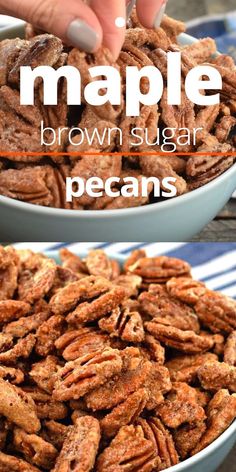 two pictures showing how to make maple brown sugar pecans