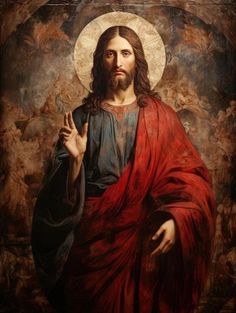 jesus with red robe and halo in front of a painting