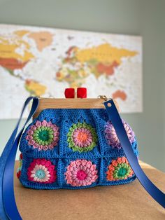 Blue Crochet Bag With Granny Square For Everyday, Blue Granny Square Rectangular Shoulder Bag, Blue Granny Square Shoulder Bag For Everyday, Retro Blue Handmade Bags, Retro Handmade Blue Bags, Granny Square Crossbody Bag, Floral Granny Square, Navy Blue Crochet, Navy Blue Handbags