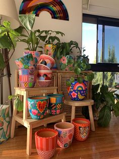 colorful pots and planters are on display in the living room