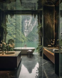 a bathroom with a tub, sink and large mirror on the wall next to it