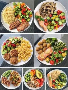 six different pictures of various types of food on plates and in the middle one shows broccoli, pasta, meat, vegetables