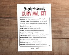 a high school survival kit on a wooden table