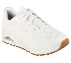 A favorite style arrives in comfort and safety with Skechers Work Relaxed Fit Uno SR. This slip-resistant utility design features a durable perforated synthetic durabuck upper with a Skechers Air-Cooled Memory Foam insole and Skech-Air visible airbag midsole. | Skechers Women's Work Relaxed Fit: Uno SR Sneaker Skechers Slip On, Sketchers Shoes, Utility Design, Insole Design, Skechers Relaxed Fit, Work Sneakers, Footwear For Men, Sneakers Looks, Fabric Shoes