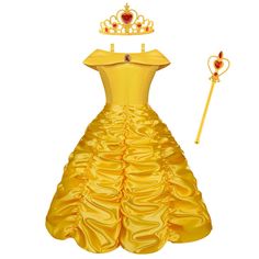 a yellow princess dress with a tiara and wand