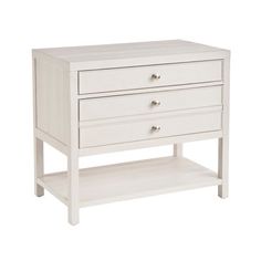 a white dresser with two drawers and one shelf