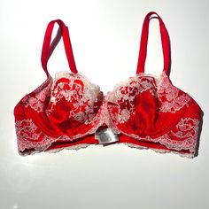 Red With Cream Lace Bra Wacoal 32c New Without Tags Condition New Elegant Red Bra With Lace Trim, Elegant Red Bra Partially Lined, Fitted Red Lace Bra, Elegant Fitted Red Bra, Elegant Red Partially Lined Bra, Red Fitted Bra With Padded Cups, Fitted Red Bra With Padded Cups, Fitted Red Underwire Bra, Red Lace Bra