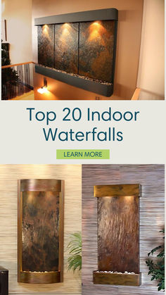 A luxurious indoor waterfall featured in a modern living room, showcasing a cascading wall fountain with lush greenery and ambient lighting, creating a serene and elegant atmosphere. Perfect for home decor, relaxation, and nature-inspired interior design. Large Indoor Water Fountains, Zen Waterfall Indoor, Waterfall Home Decor, Fountain Ideas For Home, Indoor Pond Ideas Living Rooms, Waterfall Entryway, Indoor Waterfall Living Rooms, Water Feature Wall Indoor, Small Fountain Ideas Indoor