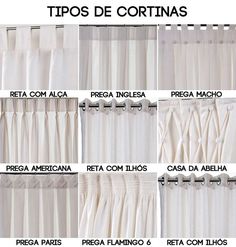 different types of curtains with names in spanish and english, including the words tipos de cortinas