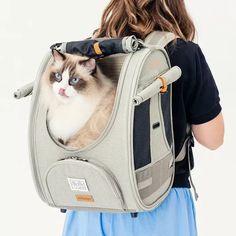 a woman carrying a backpack with a cat in it