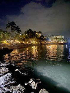 the beach is lit up at night with palm trees and buildings in the back ground