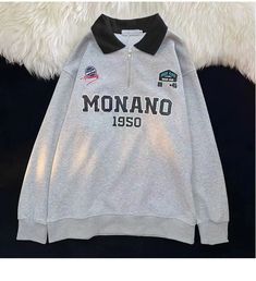 FREE SHIPPING Student Sweatshirt Monano Embroidery JKP6089 Retro Gray Long Sleeve Tops, Gray Casual Tops With Embroidered Graphics, Casual Gray Tops With Embroidered Graphics, Long Sleeve Tops With Letter Embroidery For Streetwear, Gray Long Sleeve Top With Letter Embroidery, Retro Tops With Embroidered Graphics For Winter, Trendy Long Sleeve Top With Letter Embroidery, Sporty Long Sleeve Top With Letter Embroidery, Half Zipper Sweater