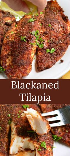 this is an image of blackened tilapia on a white plate with a fork