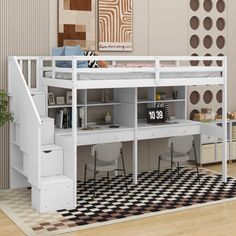 a loft bed with stairs and desk underneath