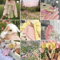 a collage of photos with flowers and animals in them, including an easter bunny