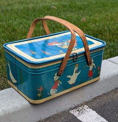 a blue suitcase sitting on the side of a road next to a grass covered field